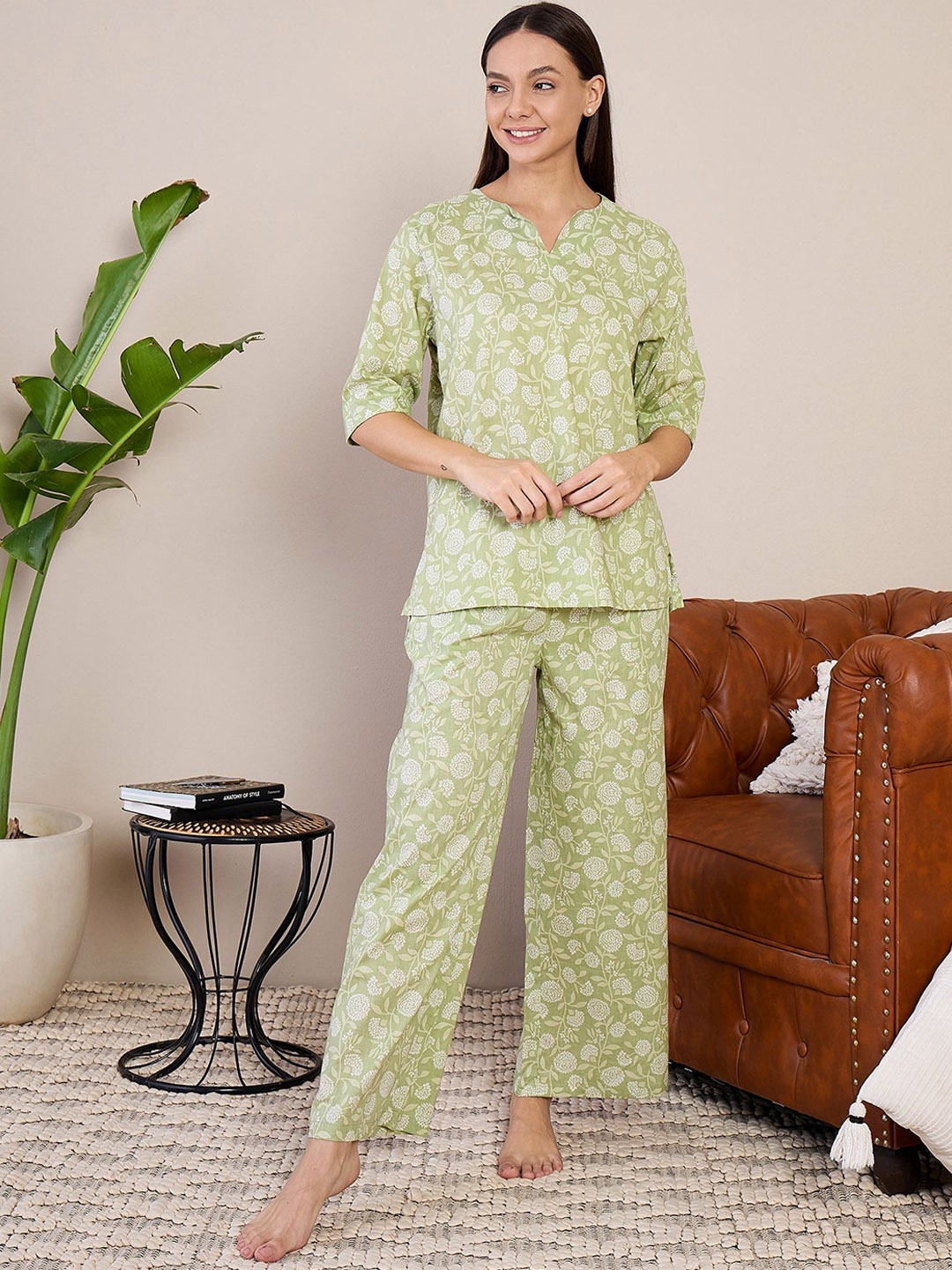 

July Women Floral Printed Pure Cotton Short Kurti and Pyjama Night suit, Green