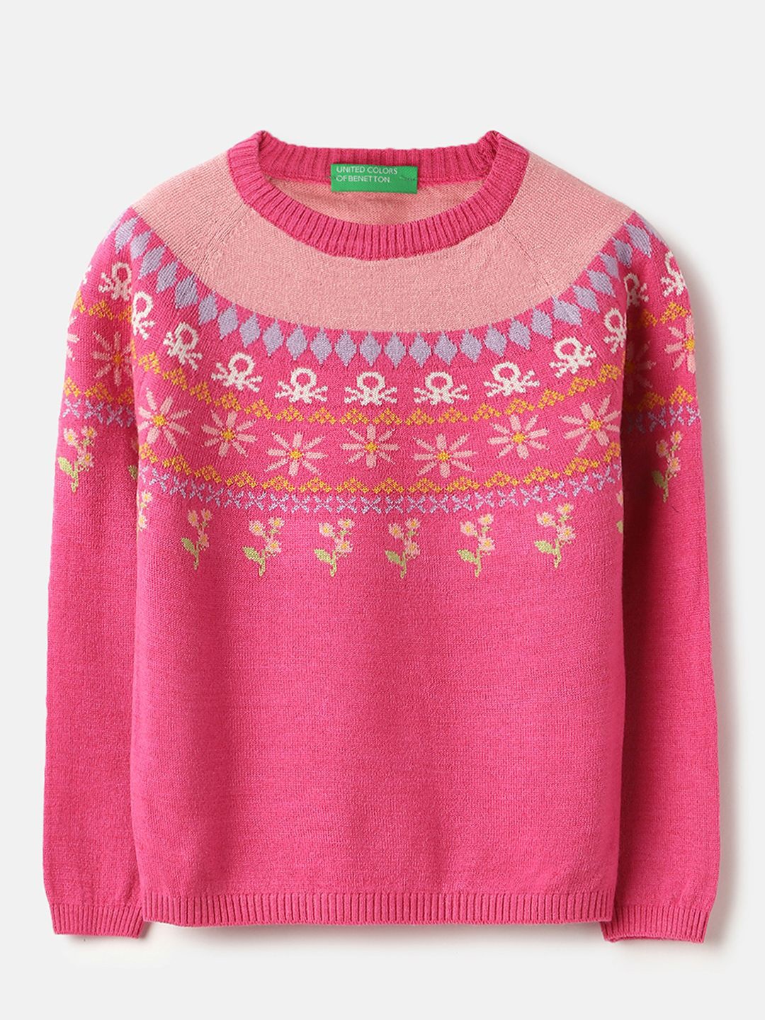 

United Colors of Benetton Girls Self Design Round Neck Pullover Sweaster, Pink