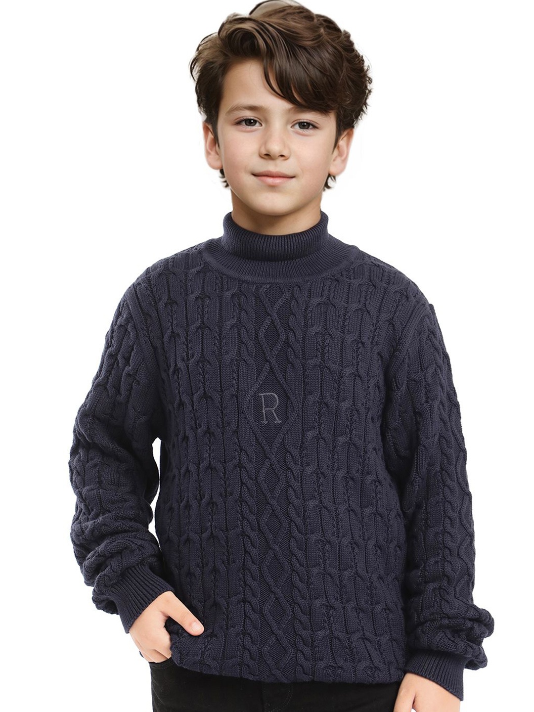 

RARE ONES Boys Cotton Self Design Cable Knit Pullover, Navy blue