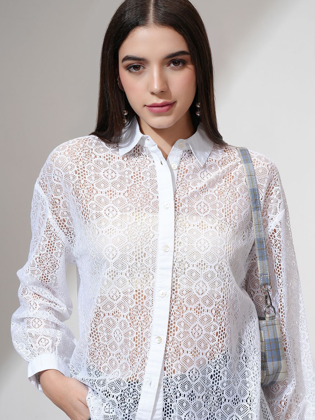 

Tokyo Talkies Women Relaxed Fit Drop Shoulder Lace Shirt, White