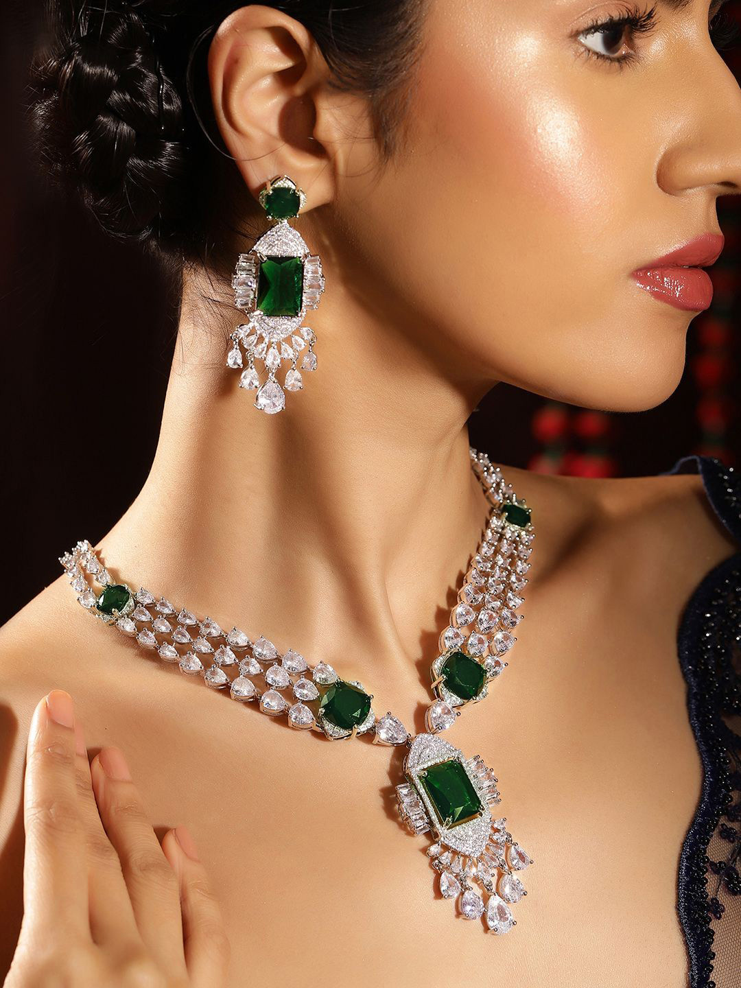 

Priyaasi American Diamond-Studded Floral Necklace and Earrings, Silver