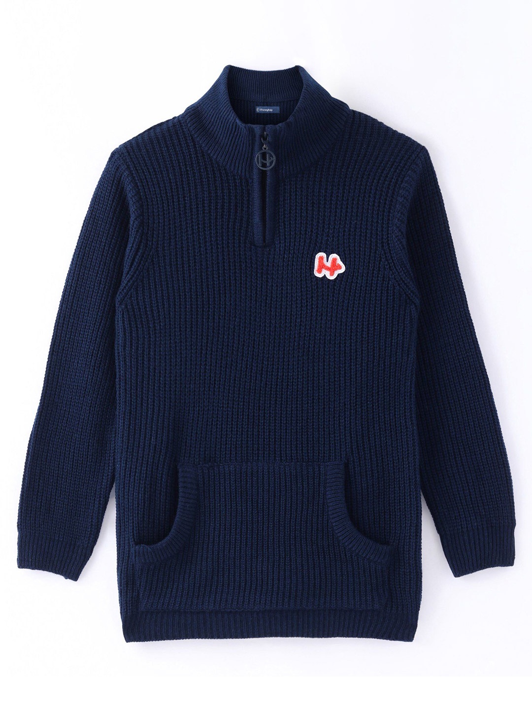 

Honeyhap Kids Ribbed Mock Collar Long Sleeves Pullover with Zip Detail Detail, Navy blue