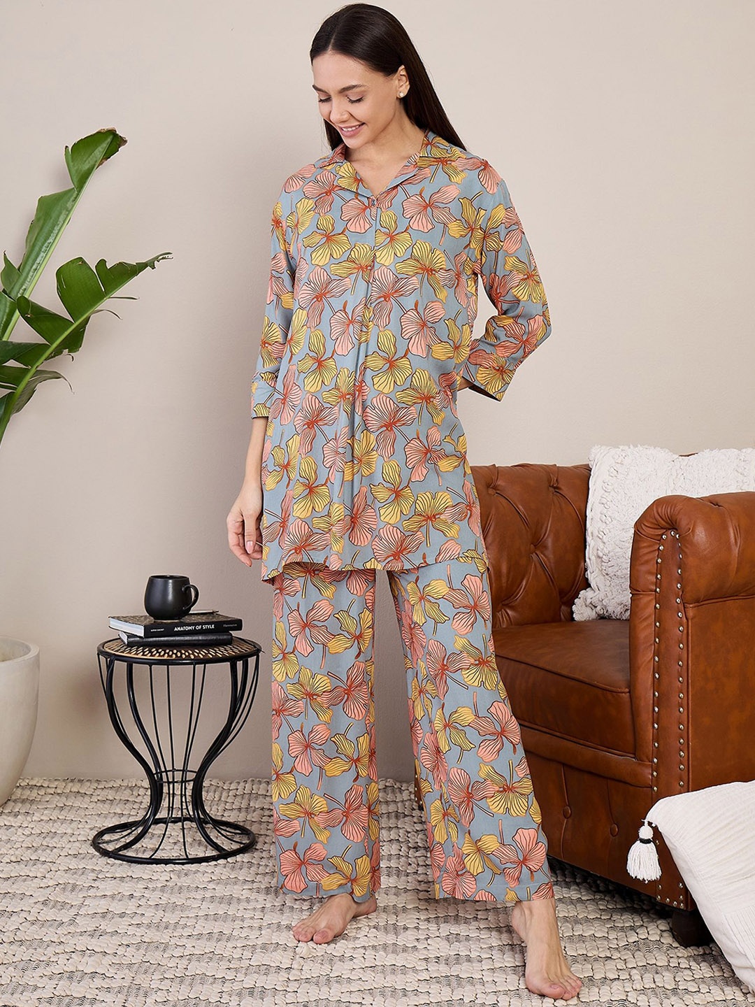 

July Women Floral Printed Pure Cotton Night suit, Blue