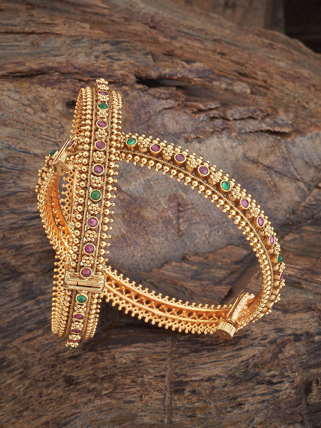 

Kushal's Fashion Jewellery Set Of 2 Gold Plated Stone Studded Antique Bangles