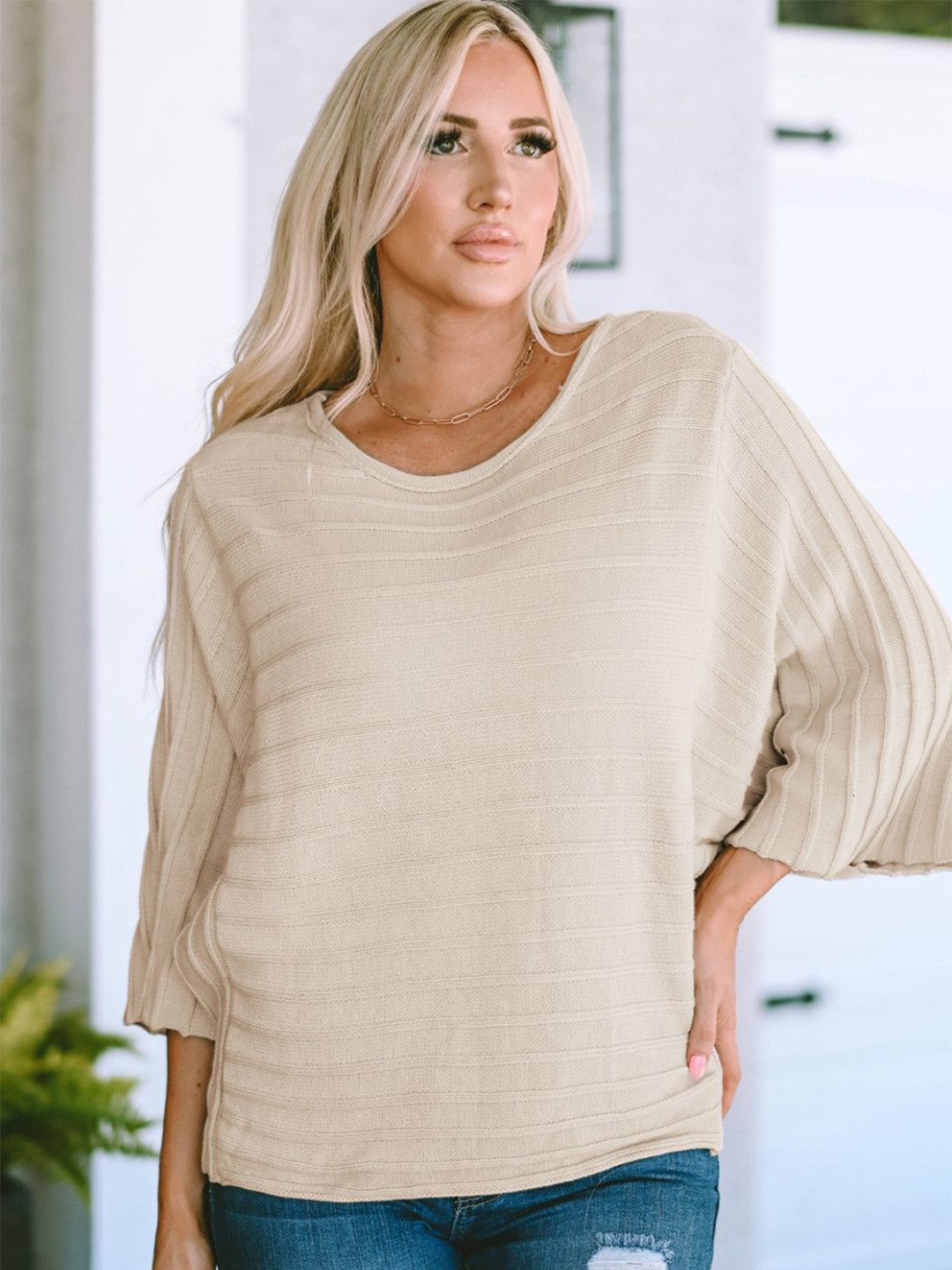 

StyleCast Women Striped Round Neck Long Sleeves Pullover Sweater, Beige