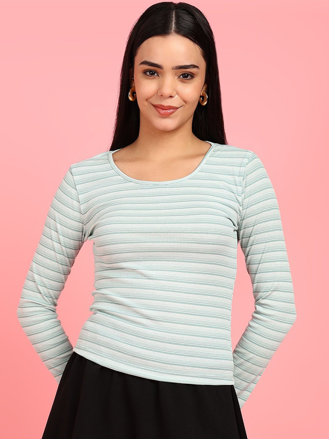 

Mast & Harbour Women Striped Round Neck Long Sleeves Top, Green