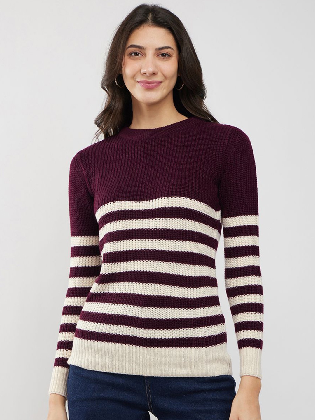 

FableStreet Women Round Neck Striped Pullover, Burgundy