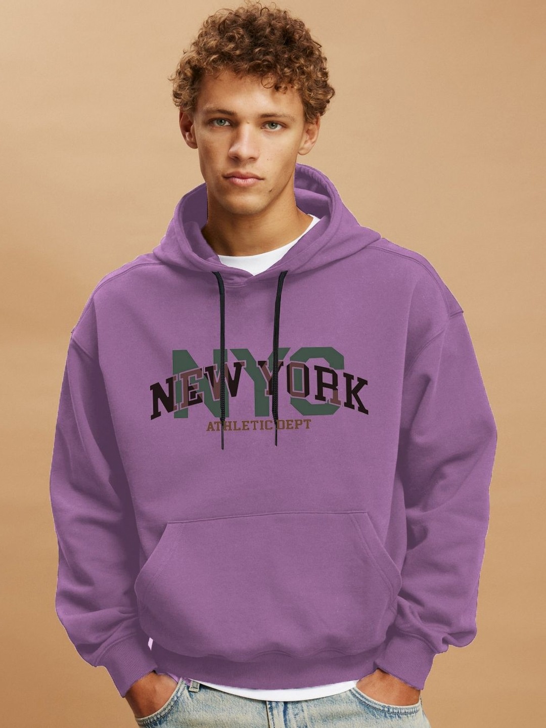 

CLAFOUTIS Men Typography Printed Hooded Sweatshirt, Lavender