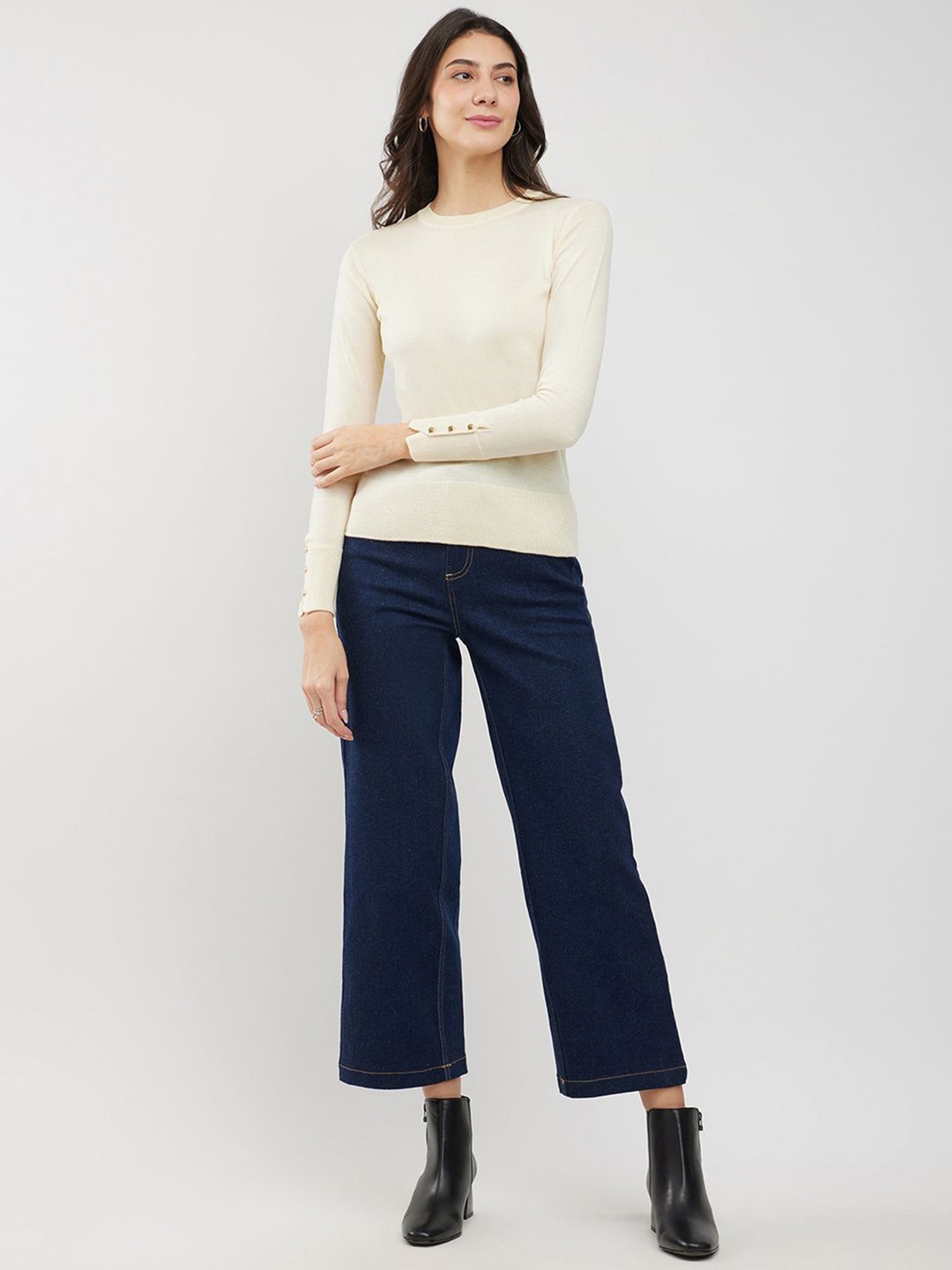 

FableStreet Women Round Neck Buttoned Sleeve Pullover, White