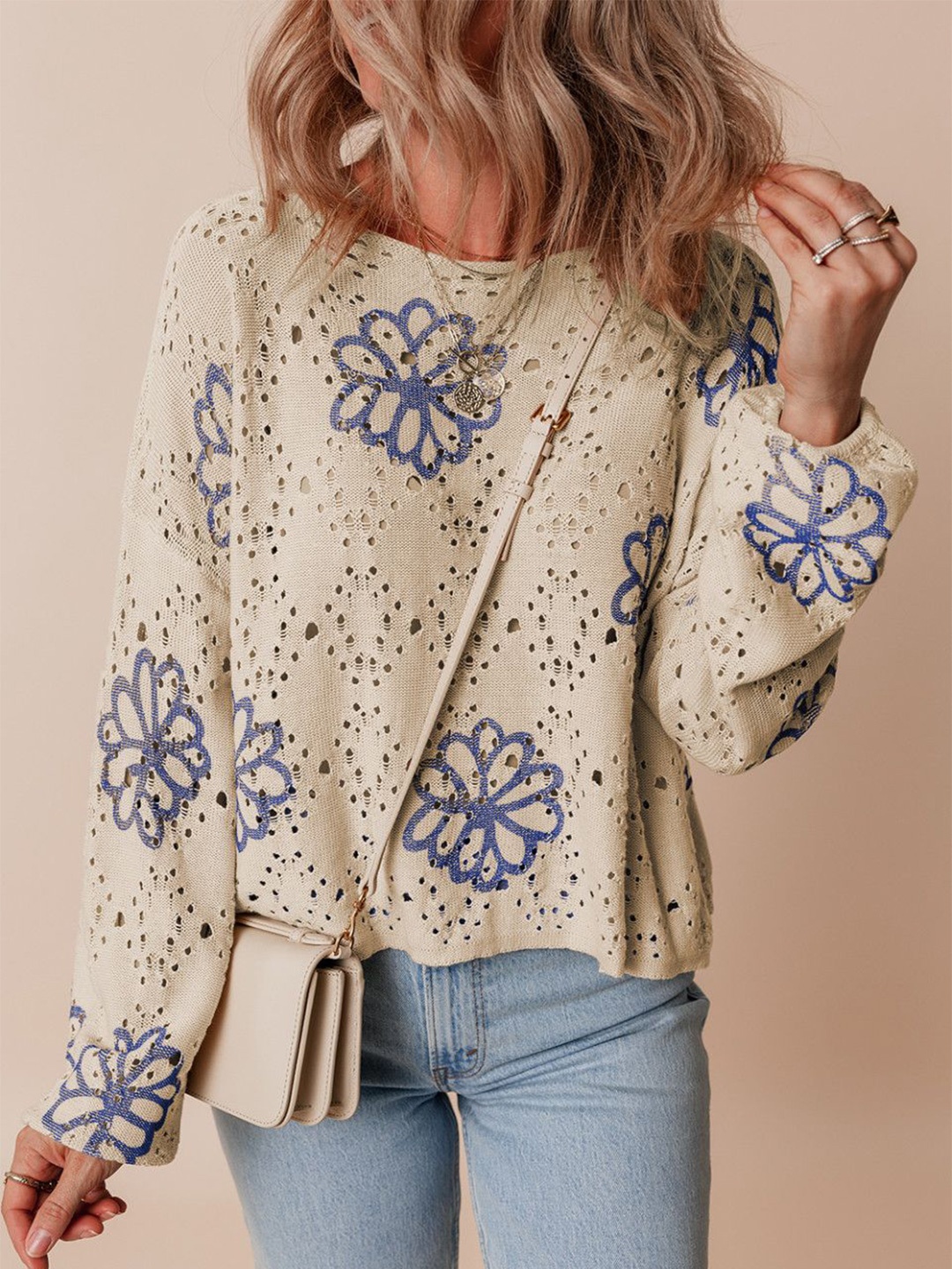 

StyleCast Women Self Design Floral Pullover, Beige