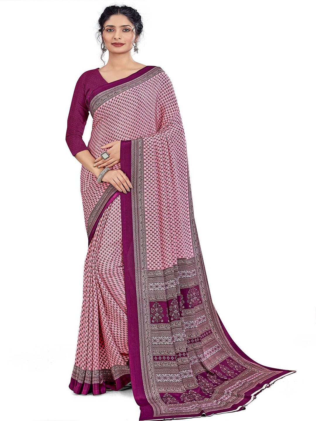 

Navvi Ethnic Motifs Printed Poly Crepe Saree With Blouse Piece, Purple