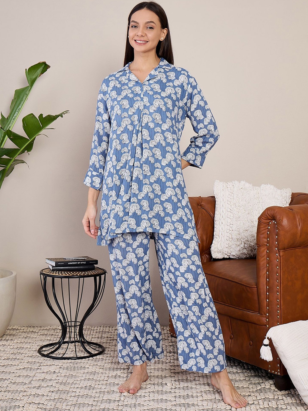 

July Women Pure Cotton Floral Printed Night suit, Blue