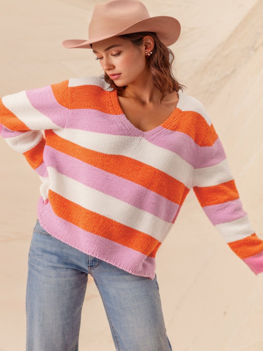 

StyleCast Women Striped Colourblocked V-Neck Long Sleeves Pullover, Orange