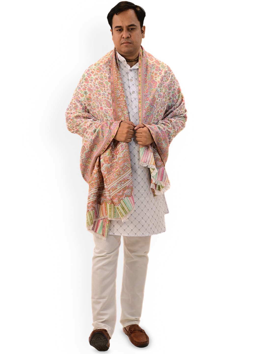 

Vrinde Floral Woven Design Kashmiri Kanni Pashmina Woollen Shawl, White