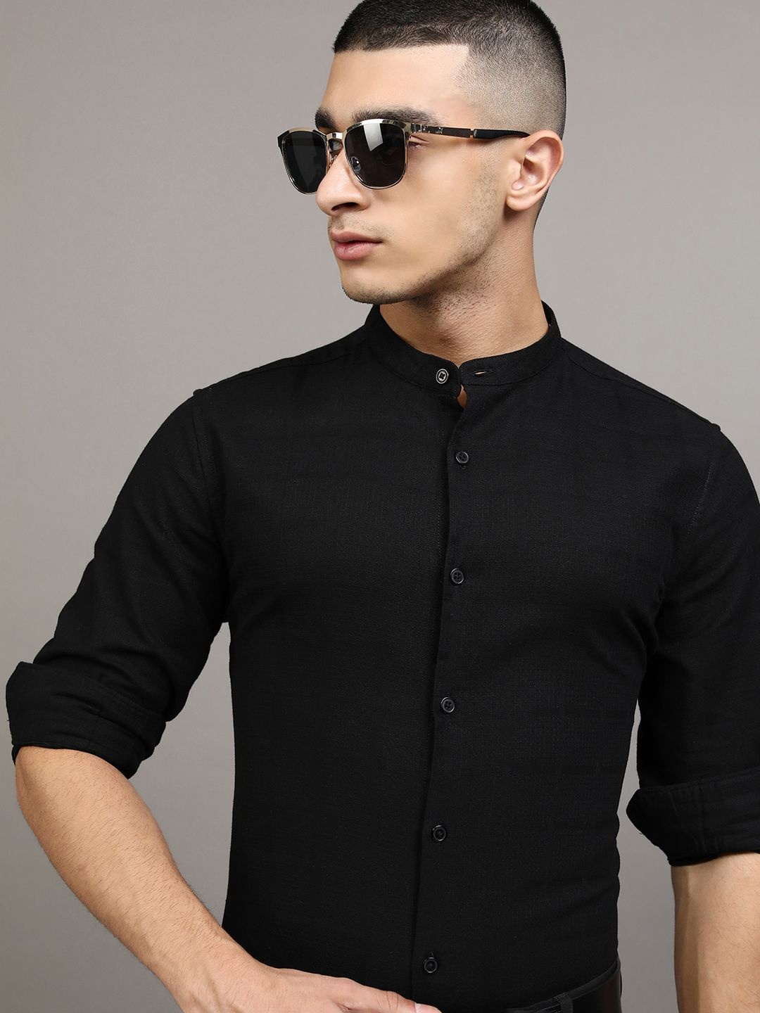 

HIGHLANDER Men Dobby Textured Solid Mandarin Collar Casual Shirt, Black