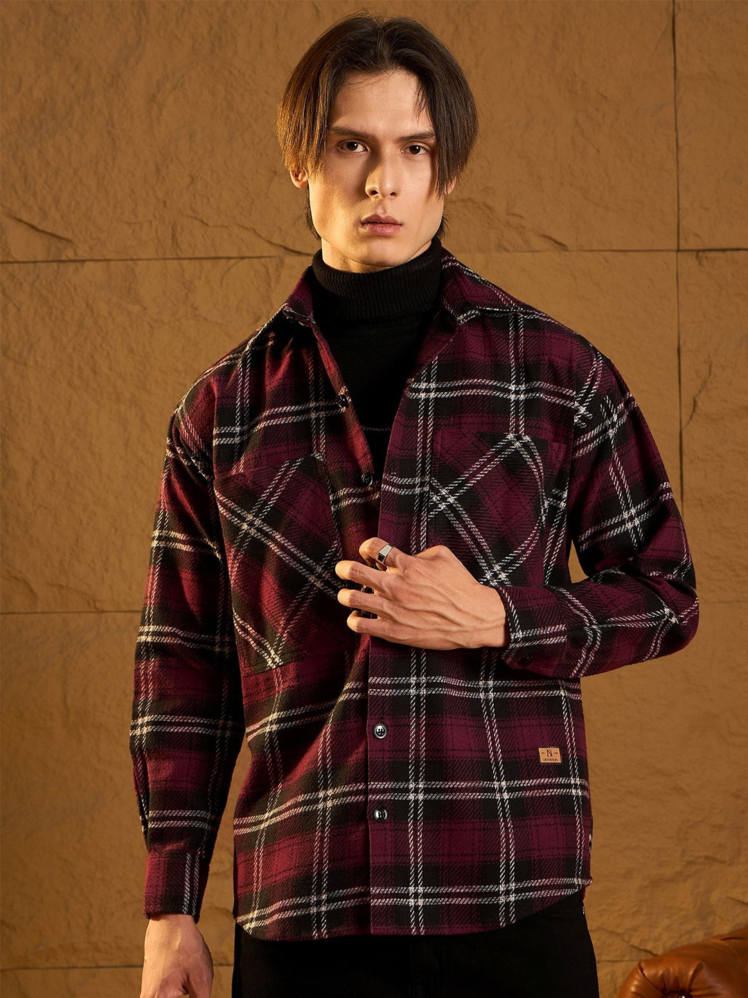 

DENNISON Men Double Pocket Drop Shoulder Oversized Cotton Checked Shacket, Maroon