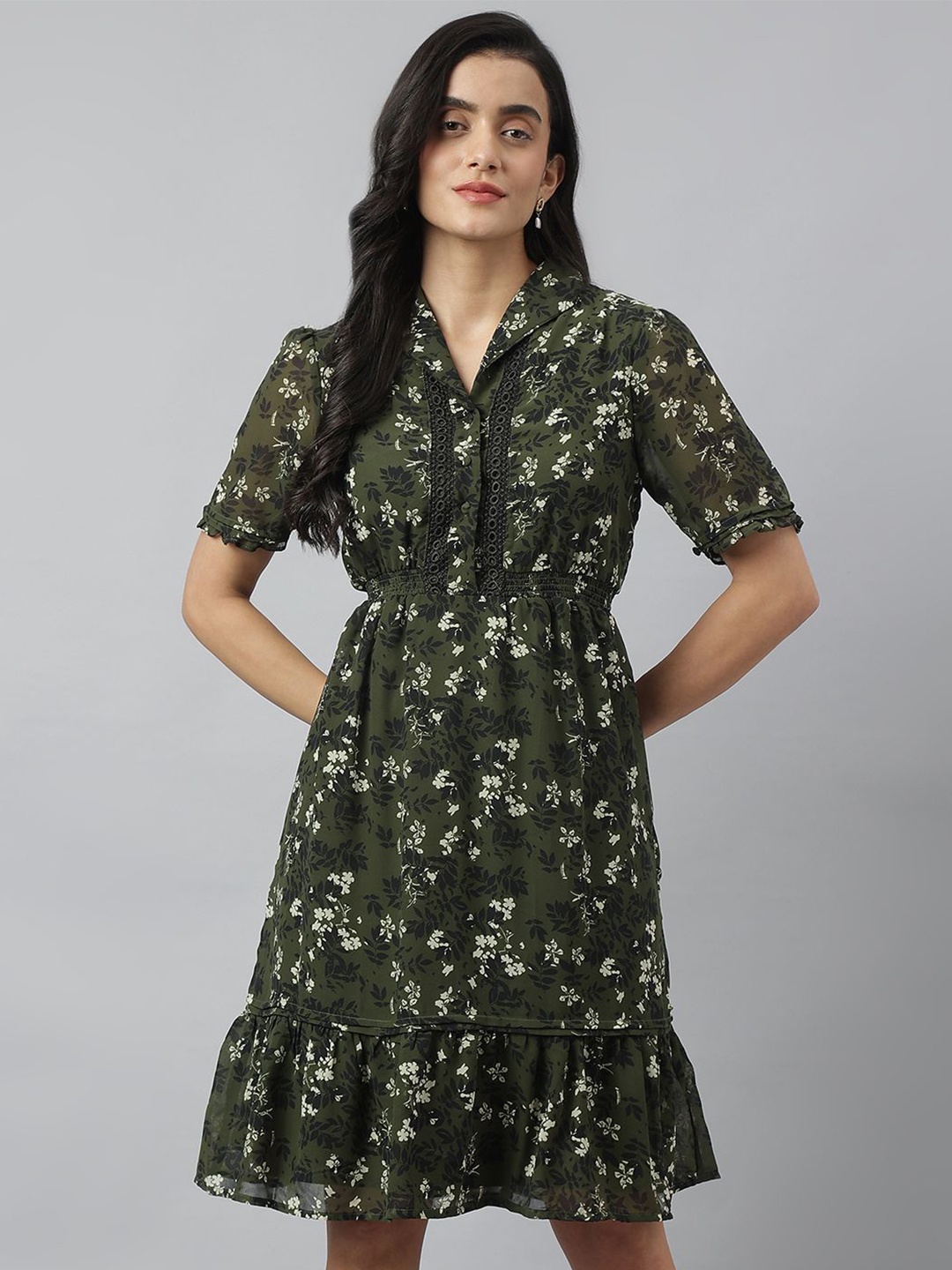 

Latin Quarters Women Floral Printed Puff Sleeves Fit & Flare Dress, Green