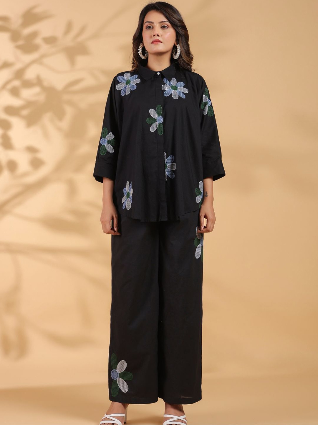 

Zolo Label Floral Embroidered Shirt & Palazzos, Black