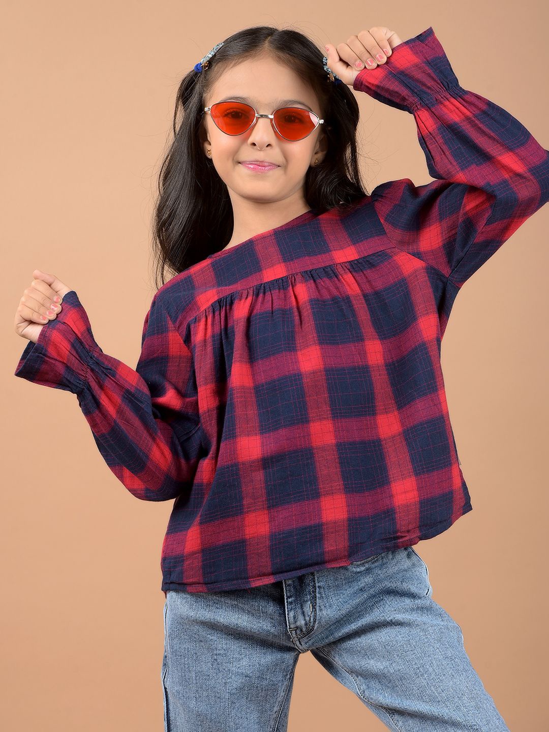 

Crimsoune Club Girls Checked Round Neck Cotton Top, Red