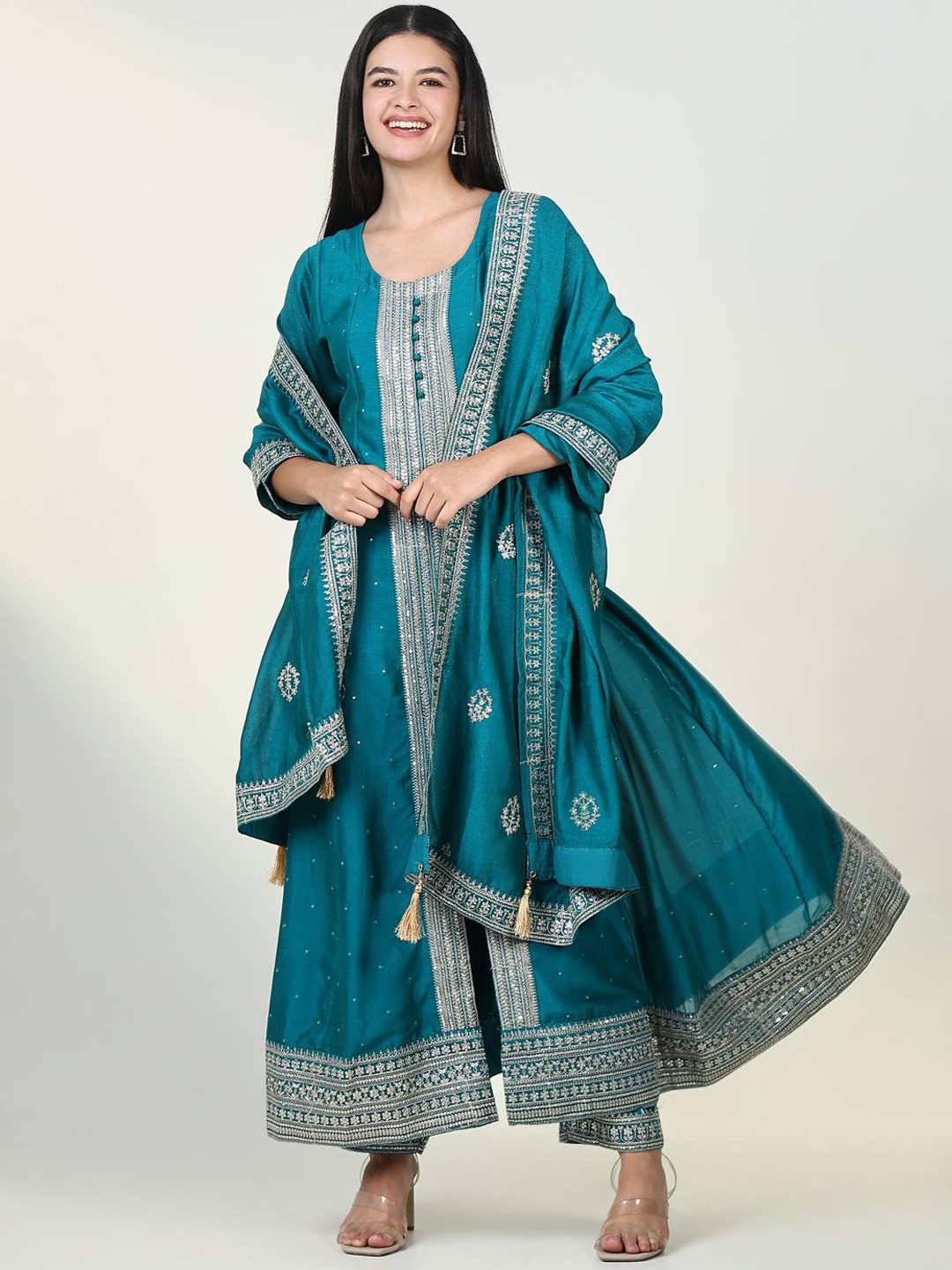 

SHOWOFF Floral Embroidered Sequinned Panelled Anarkali Kurta with Trouser & Dupatta, Blue