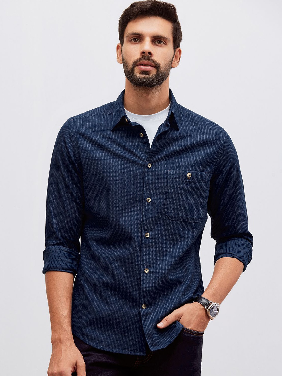 

Andamen Premium Self Design Cotton Casual Shirt, Blue