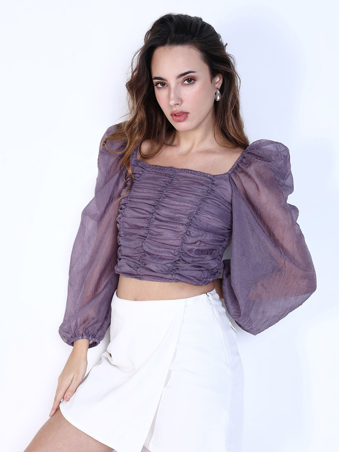 

SHOWOFF Women Square Neck Puff Sleeves Smocking Fitted Crop Top, Purple