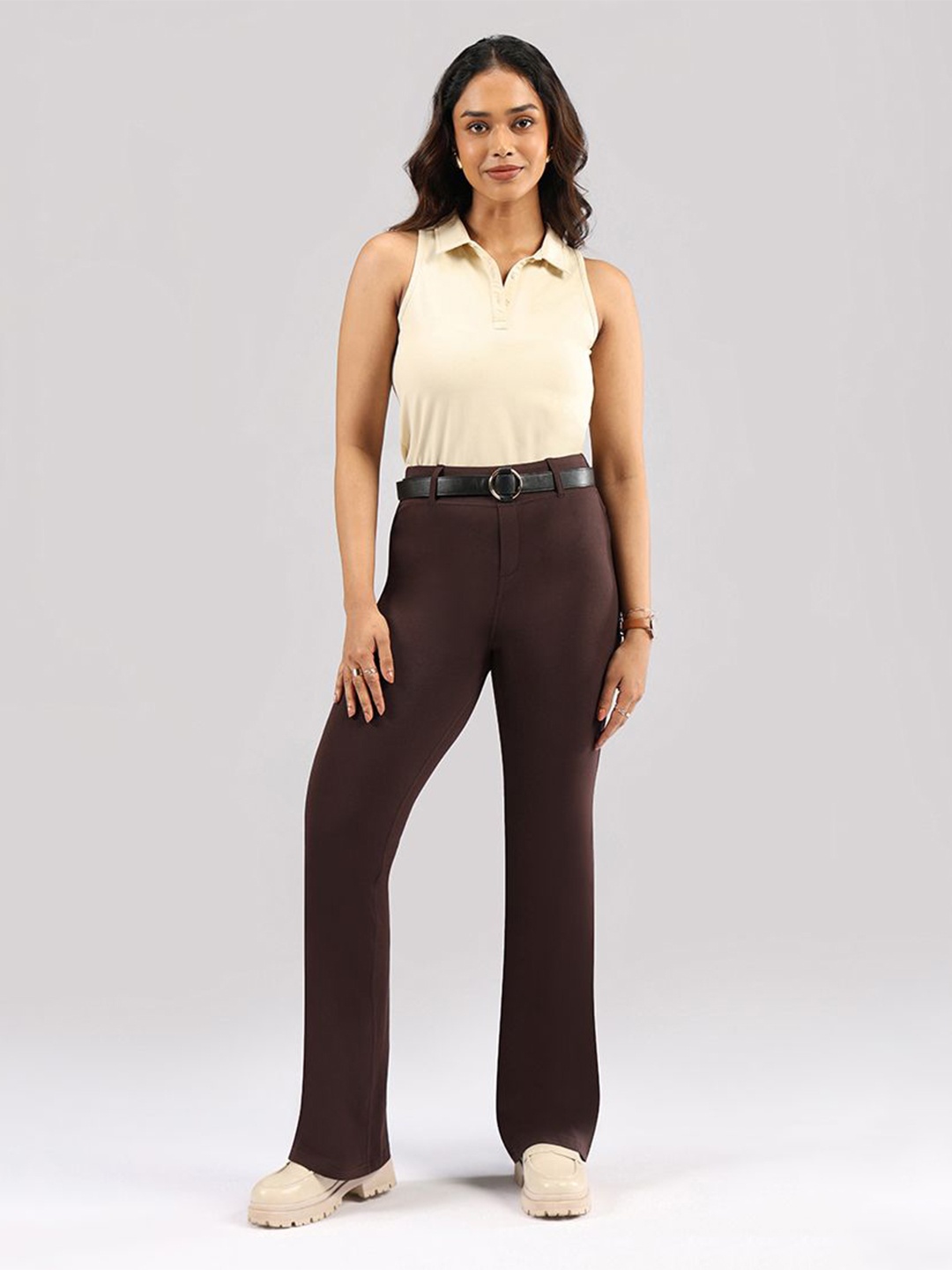 

Blissclub Women Flared High-Rise Trouser, Brown