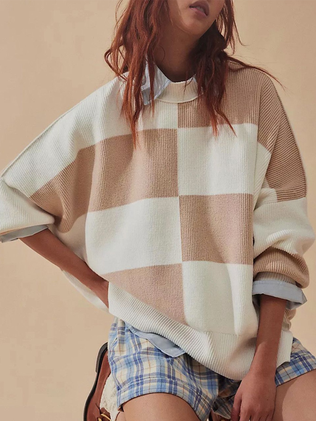 

StyleCast Women Colourblocked Checked Pullover Sweater, Khaki