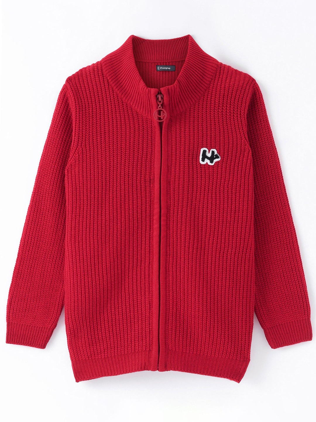 

Honeyhap Kids Mock Self Design Cable Knit Collar Long Sleeves Pullover, Red