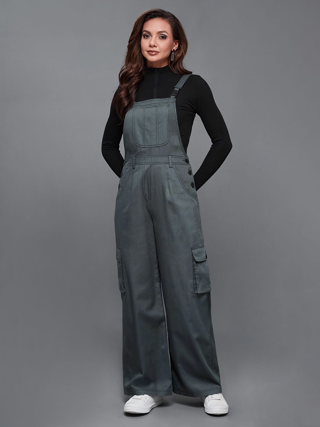 

Miss Chase Square Neck Twill Dungaree, Grey