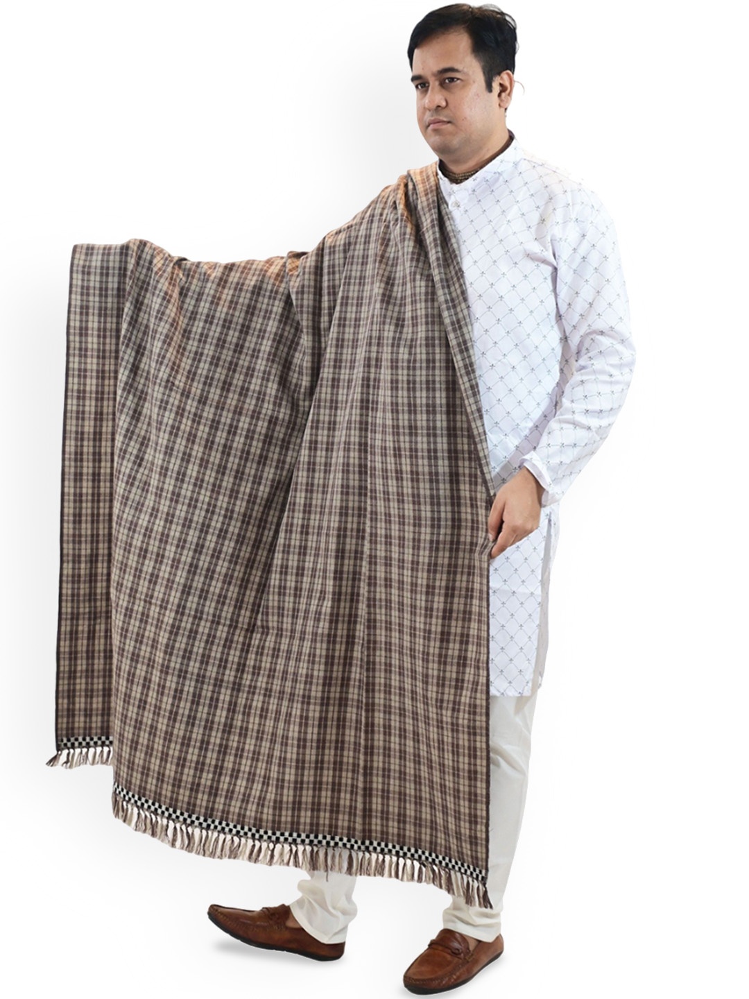 

Vrinde Checked Printed Pure Woollen Shawl, Beige