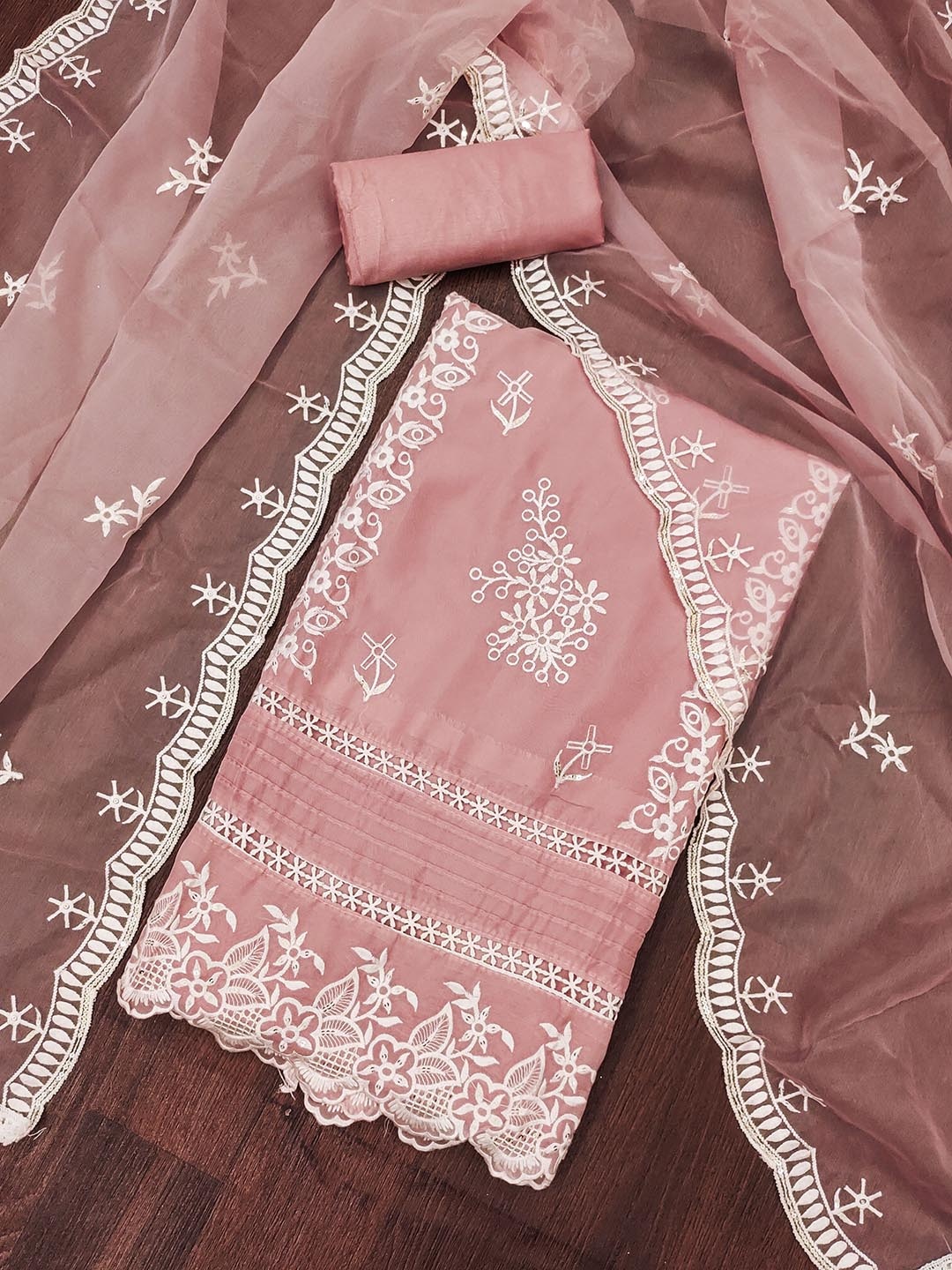 

Maroosh Floral Embroidered Organza Unstitched Dress Material, Pink