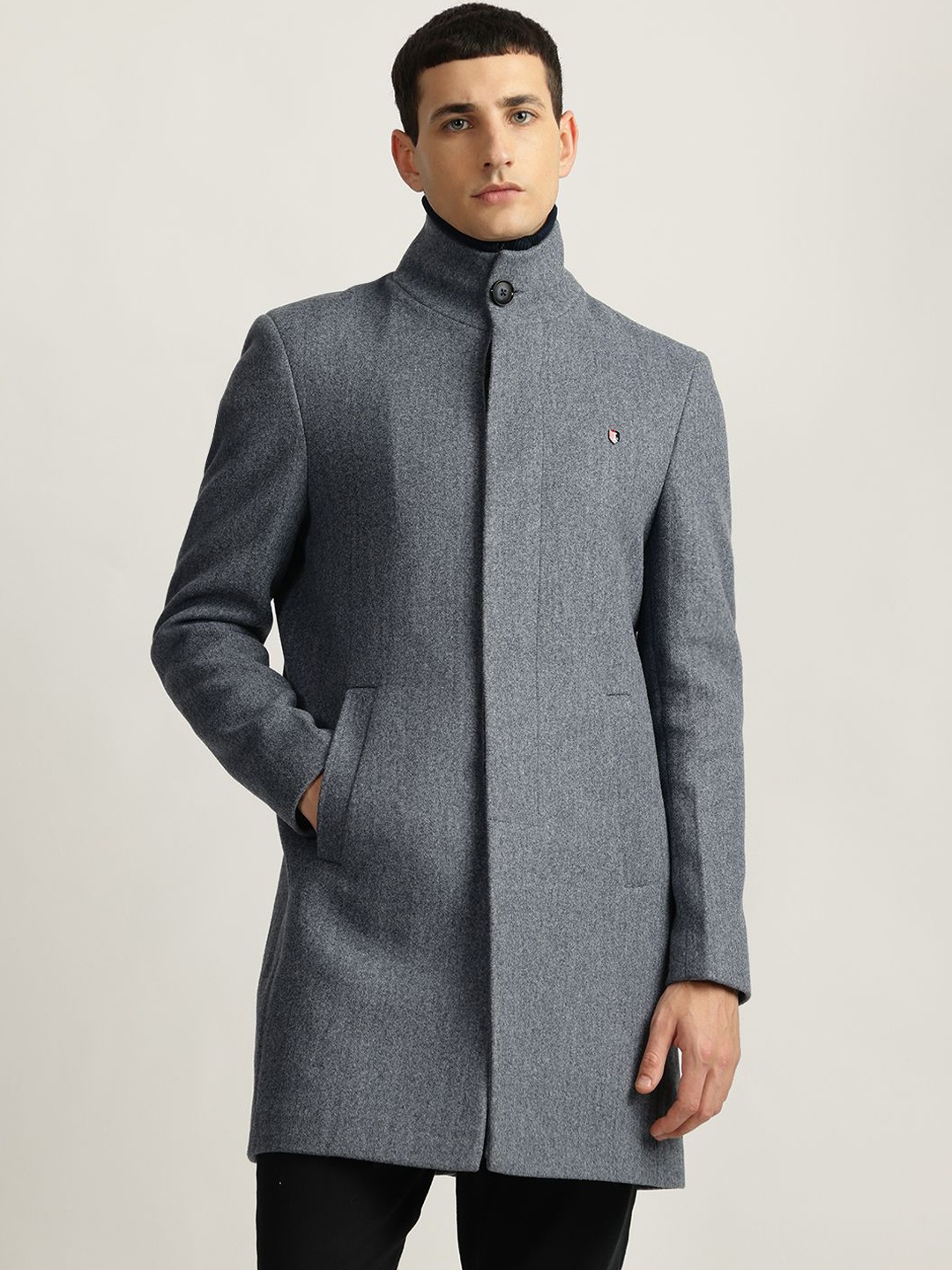 

Iconic Men Knee Length Stand Collar Long Sleeves Pea Coat, Grey