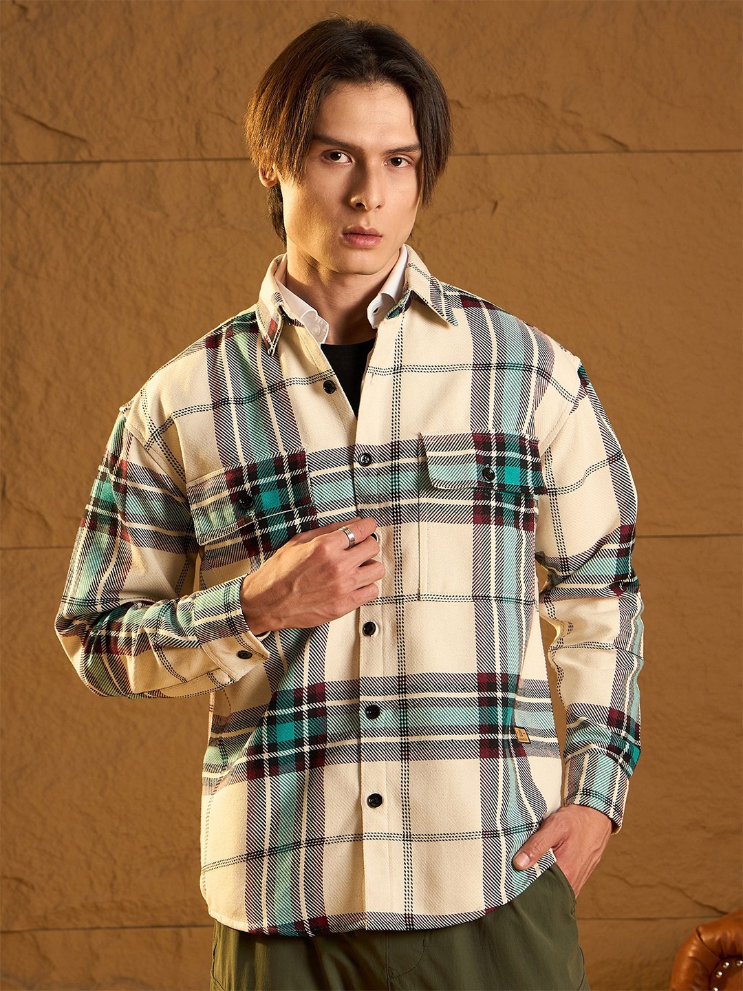 

DENNISON Men Double Pocket Drop Shoulder Oversized Cotton Checked Shacket, Cream