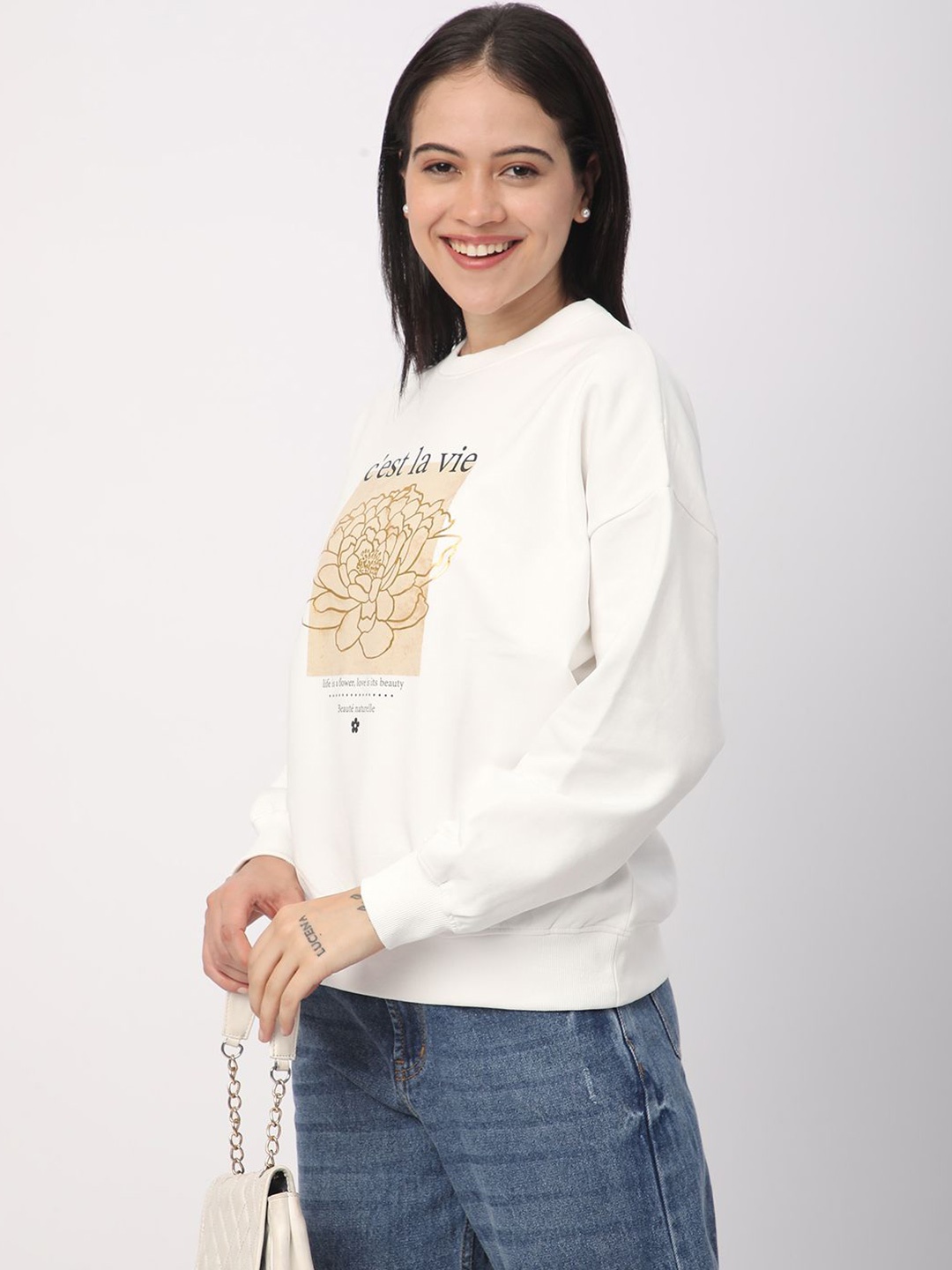 

R&B Women Graphic Printed Pullover Sweatshirt, White