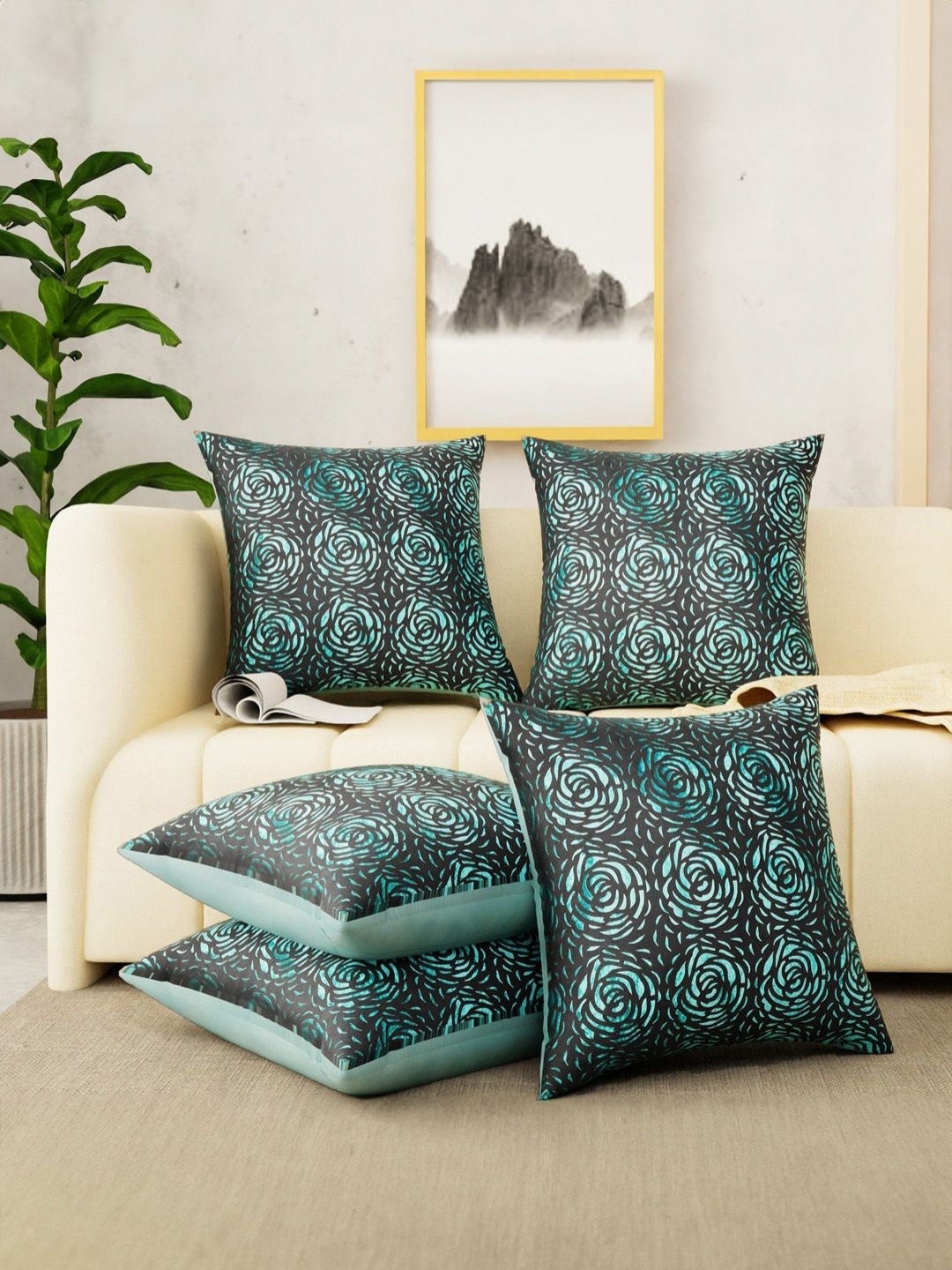 

Tesmare Brown & Teal 5 Pieces Floral Printed Square Cushion Covers