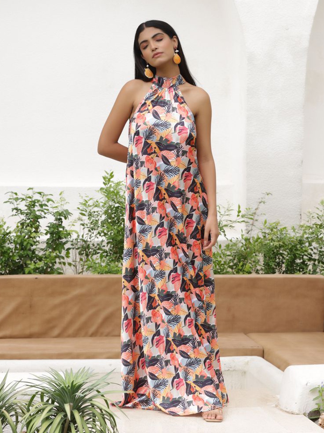 

Tasya India Women Floral Printed Halter Neck Satin Maxi Dress, Multi