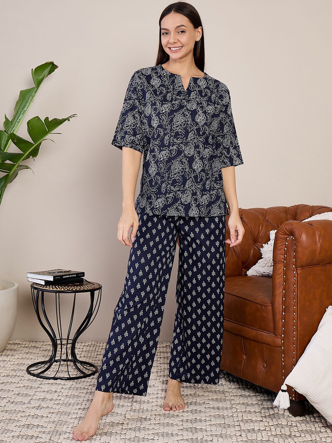 

July Women Pure Cotton Printed Kurti & Pyjamas Night suit, Navy blue