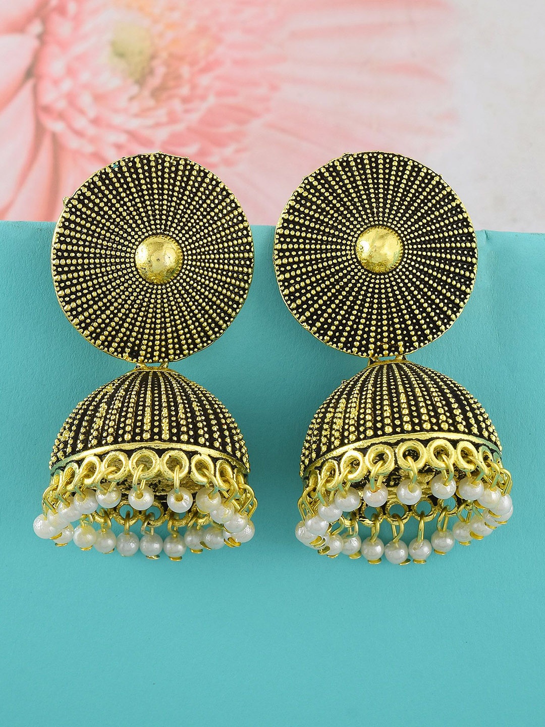 

MEMOIR Antique Finish Gold-Plated Pearls Beaded Dome Shaped Jhumkas