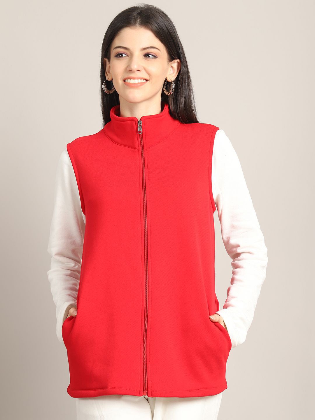 

Rute Women Pure Cotton Mock Collar Sleeveless Sweatshirt, Red