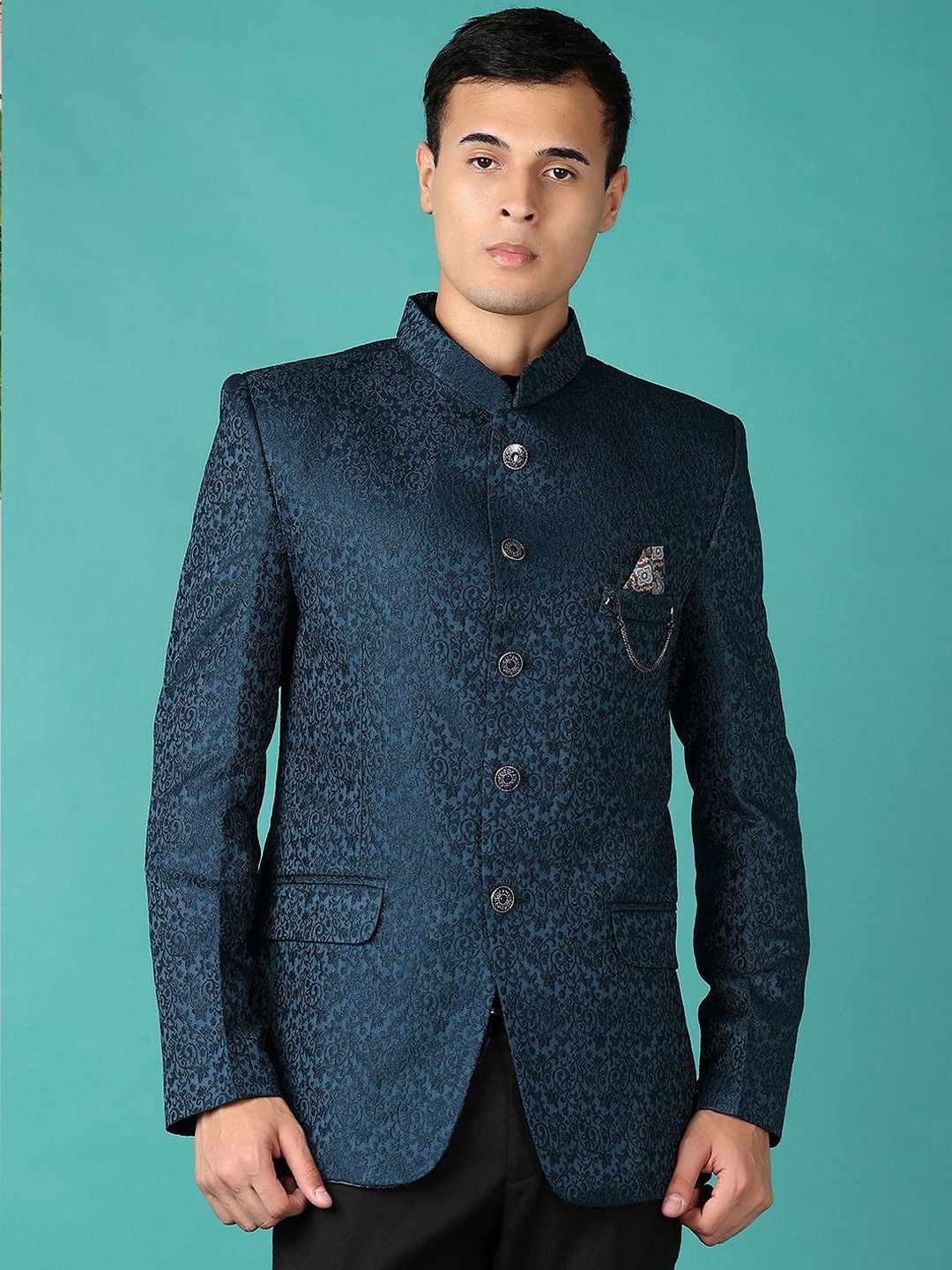 

V-Mart Self-Design Single Breasted Bandhgala Blazer, Green