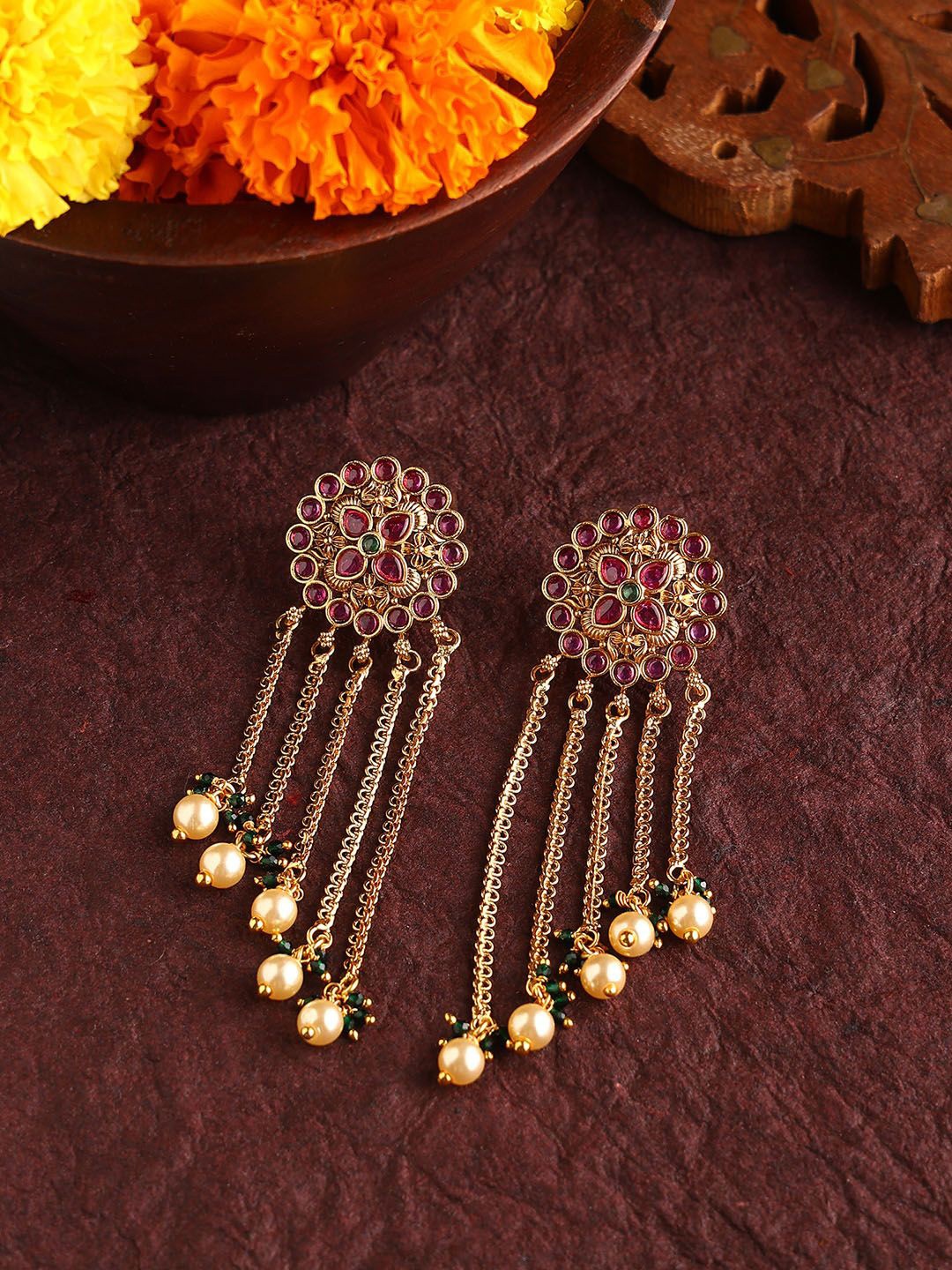 

Priyaasi Gold-Plated Floral Stone Studded Floral Pattern Tasselled Drop Earrings