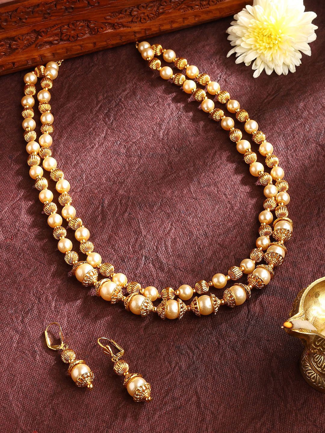 

Priyaasi Gold-Plated Pearls Gold Ball Sequence Two Layered Jewellery Set