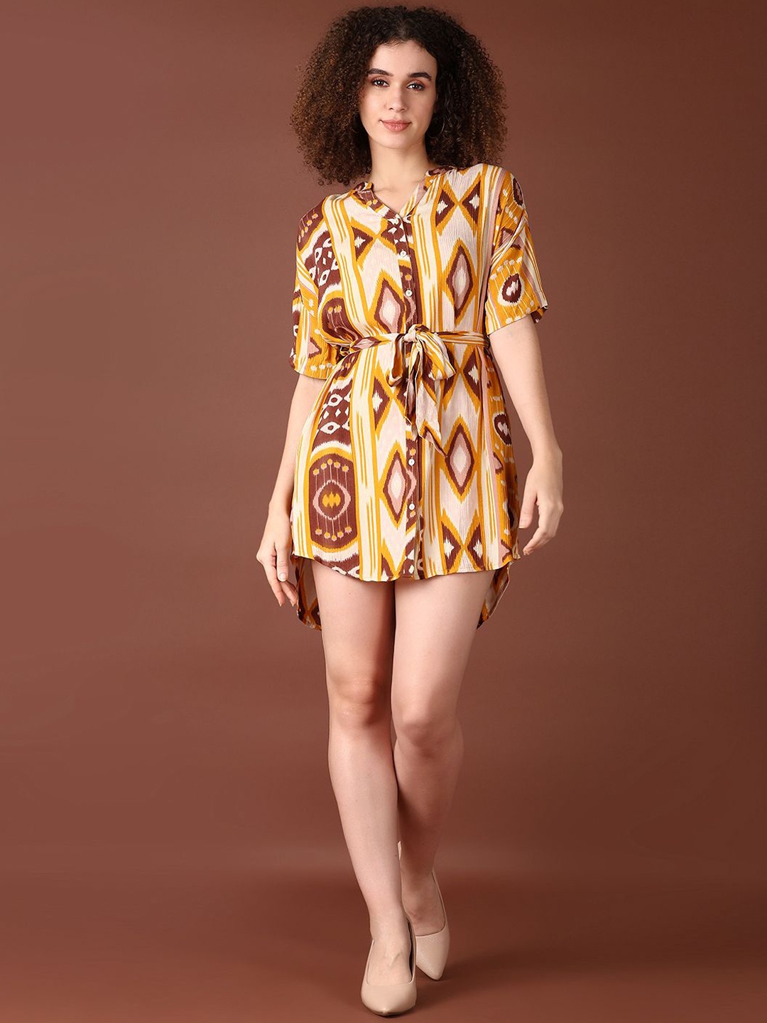 

V-Mart Women Geometric Printed Cotton A-Line Above Knee Length Ethnic Dress, Brown