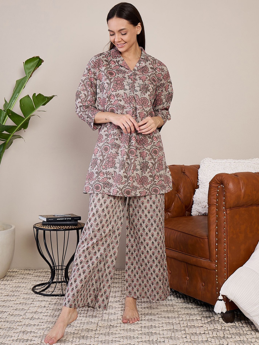 

July Women Pure Cotton Printed Kurti & Pyjamas Night suit, Grey