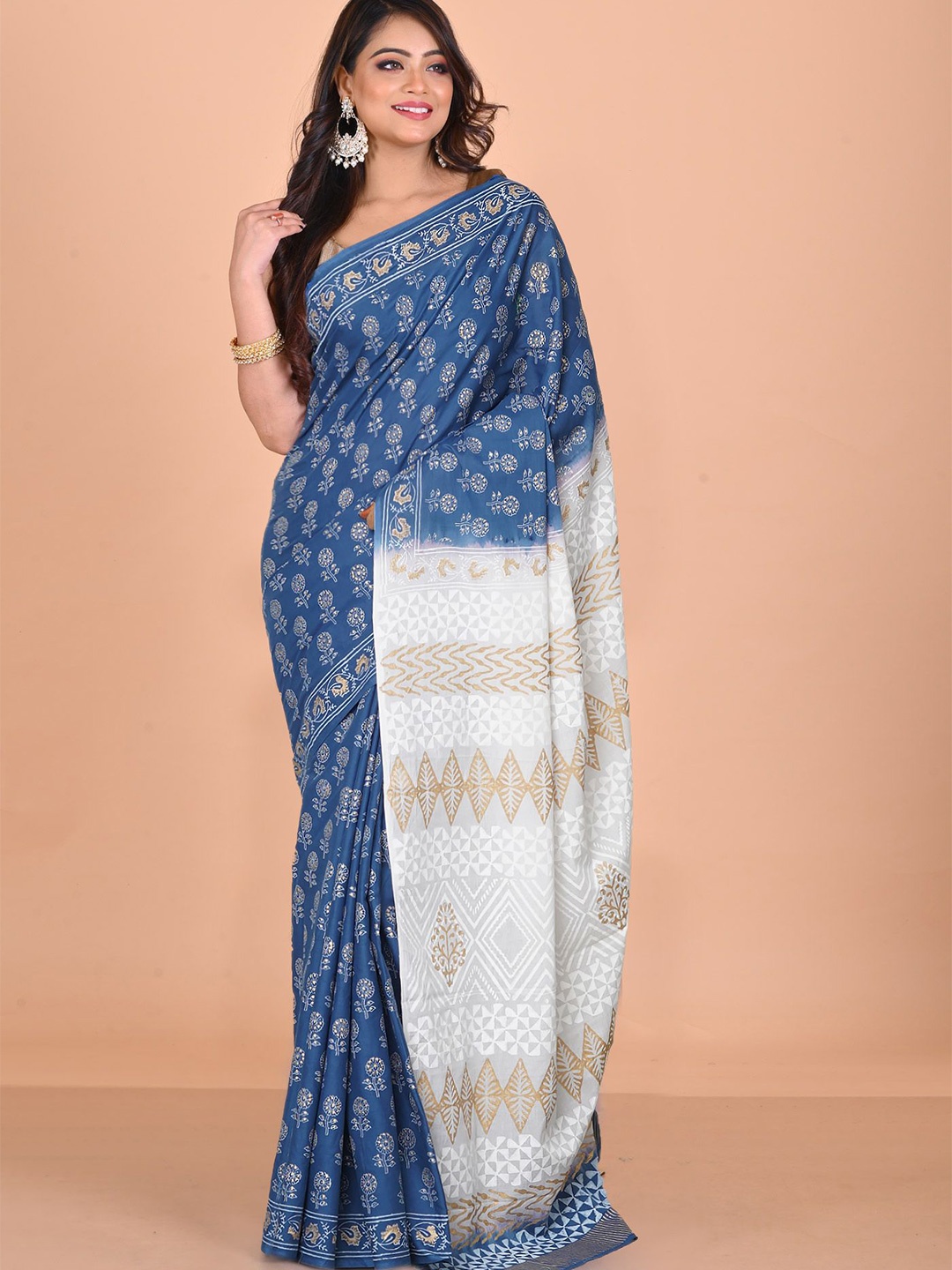 

Unnati Silks Floral Pure Cotton Handloom Block Print Saree, Blue