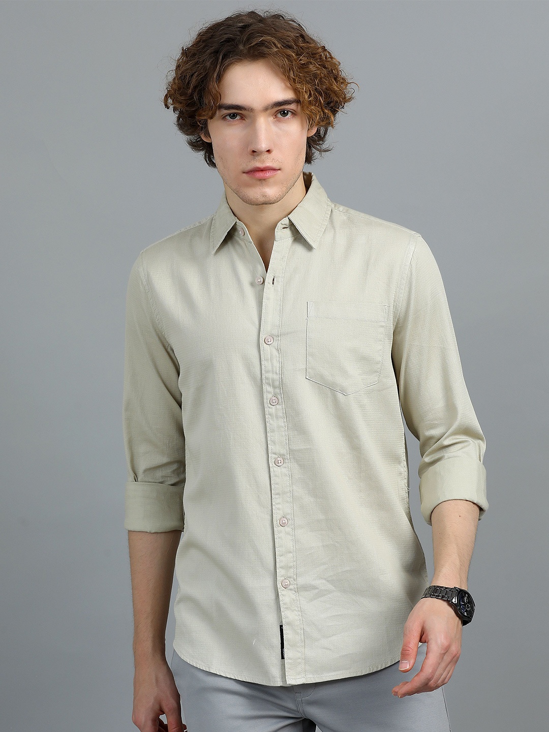 

SILISOUL Men Classic Spread Collar Textured Cotton Casual Shirt, Green