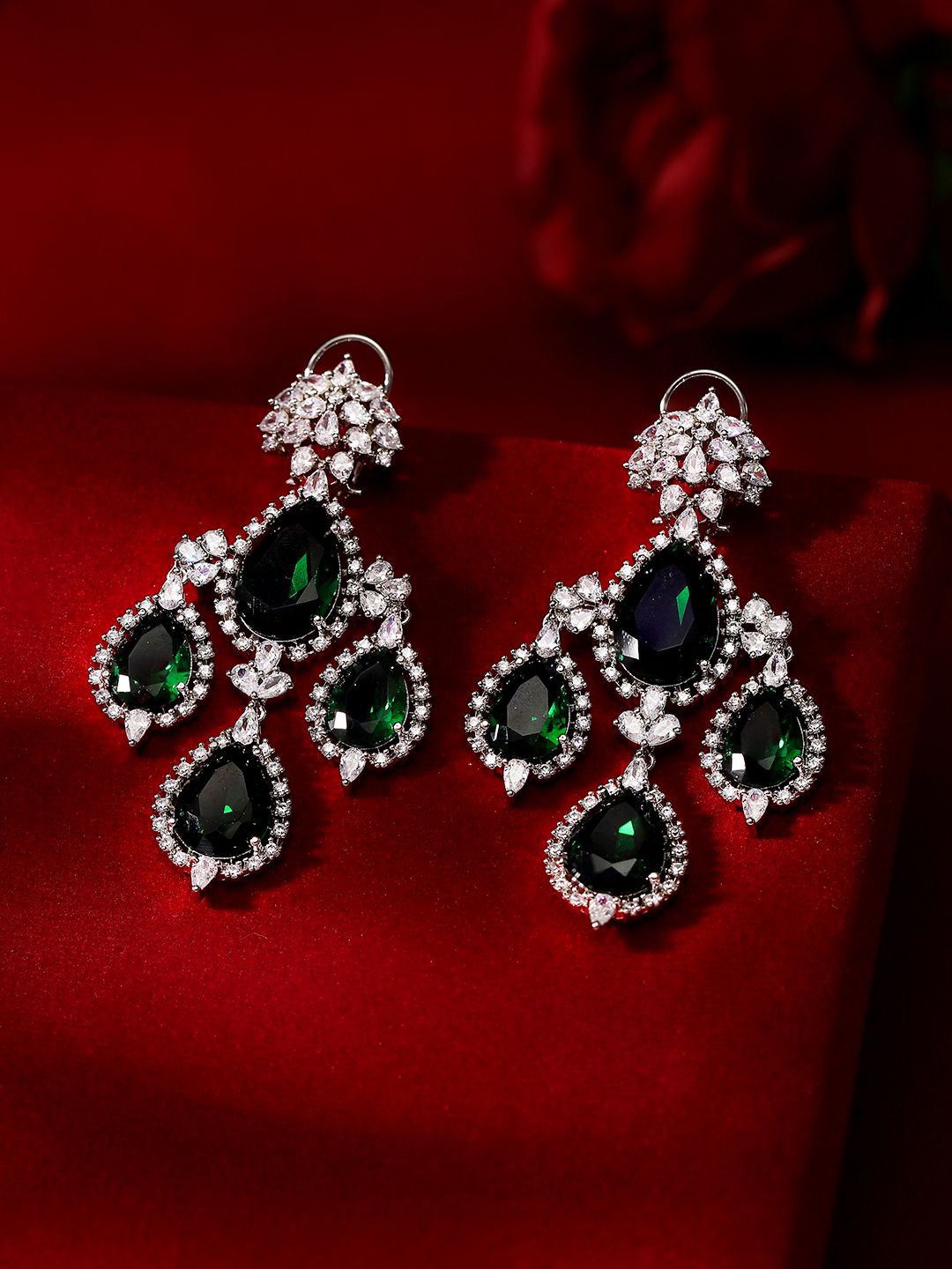 

Priyaasi Silver-Plated American Diamond-Stone Studded Teardrop Shaped Drop Earrings