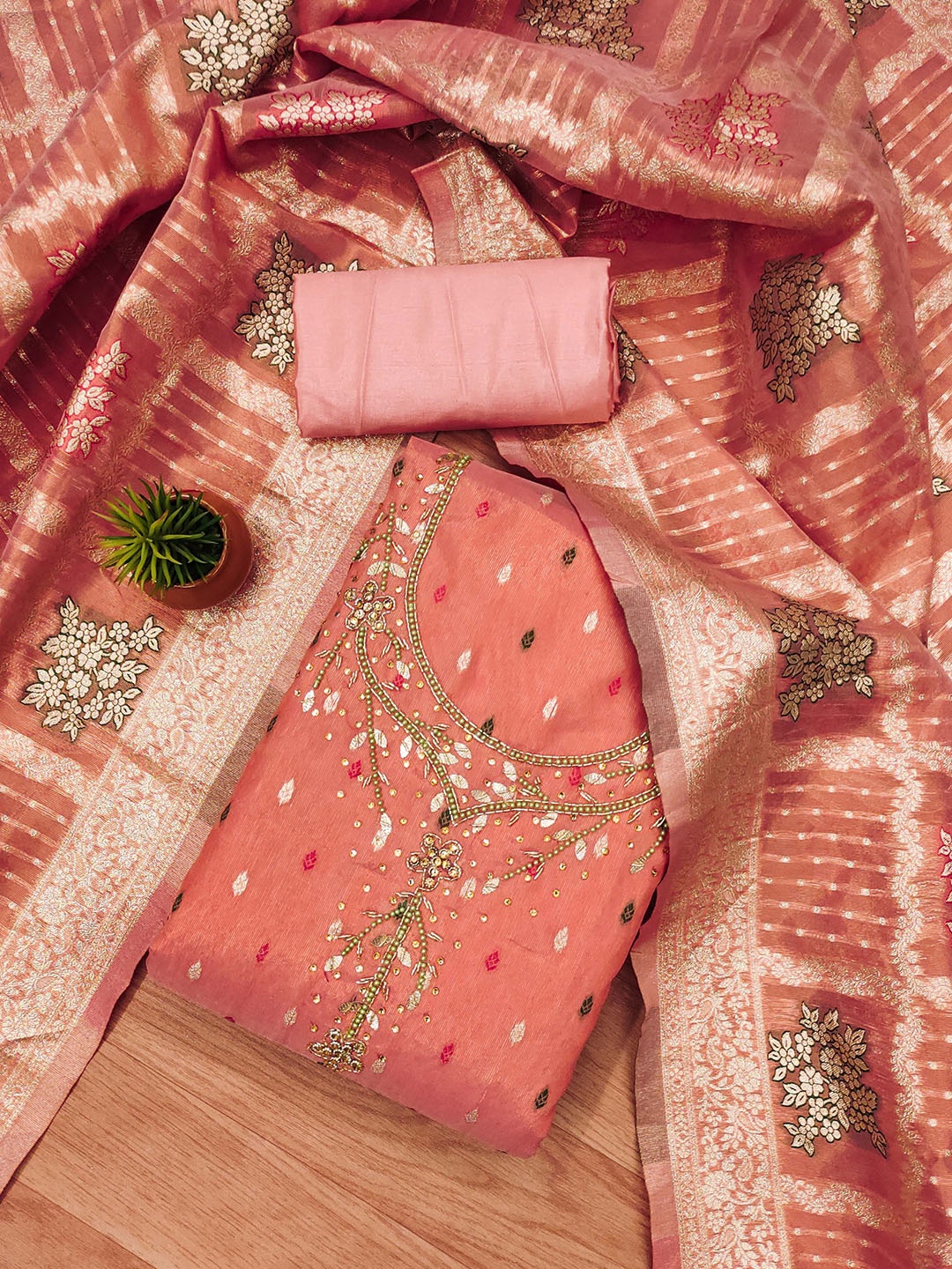 

Maroosh Embroidered Beads and Stones Unstitched Dress Material, Peach