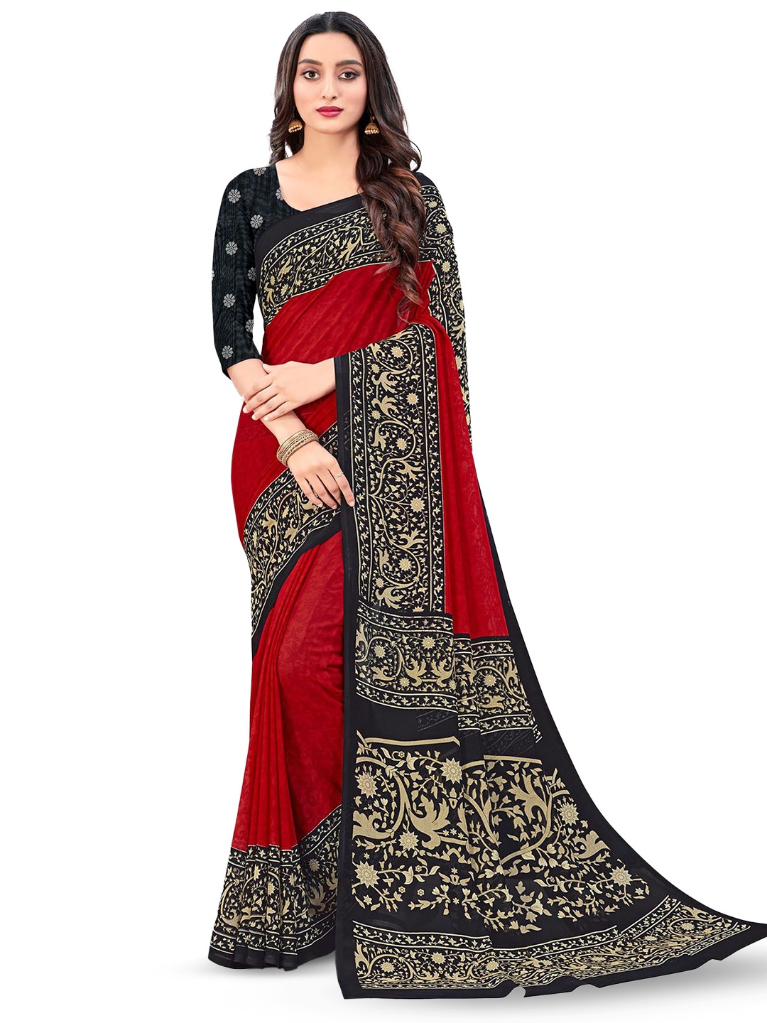 

Navvi Floral Printed Saree, Red